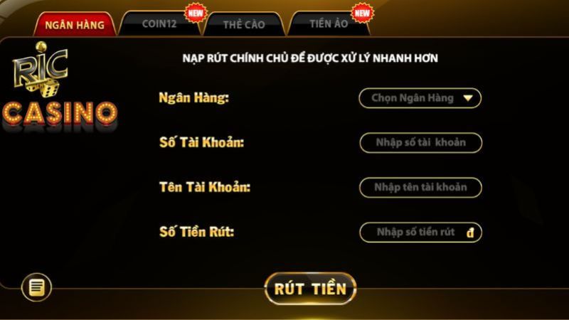 Ricwin hỗ trợ nhiều phương thức rút tiền để phục vụ nhu cầu đa dạng của người dùng